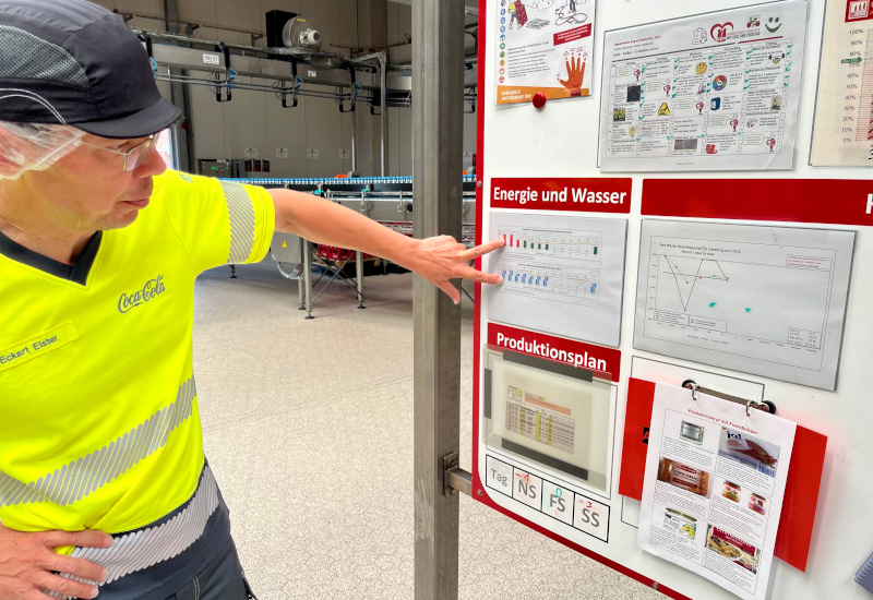 Coca-Cola Mitarbeiter informiert sich an der Kennzahlentafel über den Energie- und Wasserverbrauch